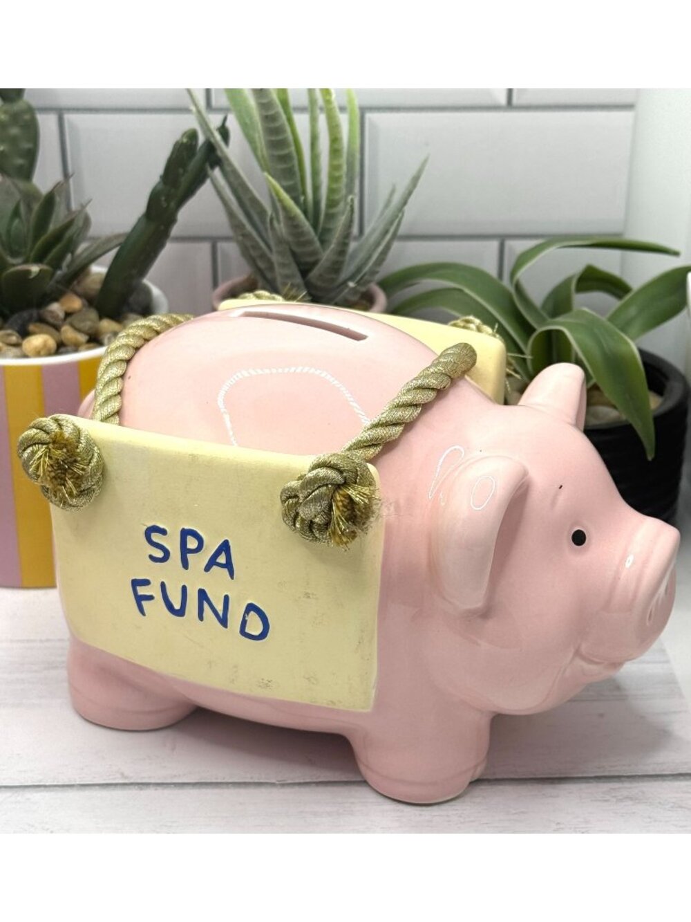 Ceramic Pink Piggy Bank With "Spa Fund" Plaque & Gold Rope Accents - 2001 EG Des